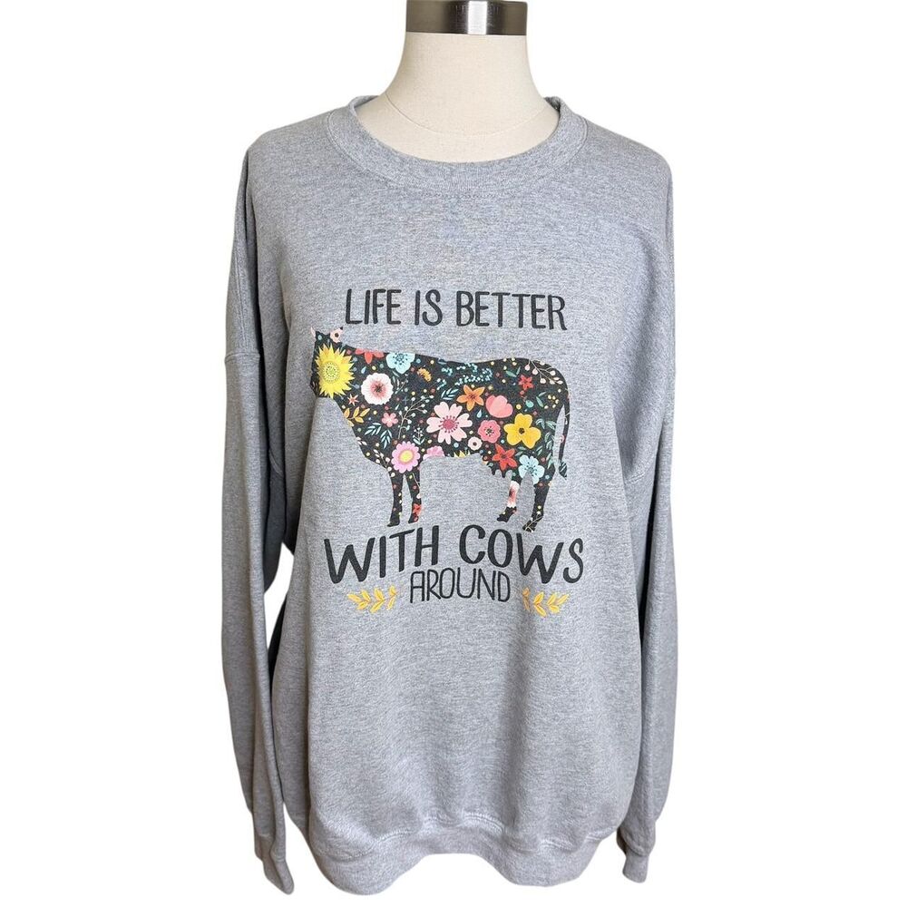 Floral Cow Graphic Crewneck Sweatshirt Gray Gildan Size 2XL Cottagecore